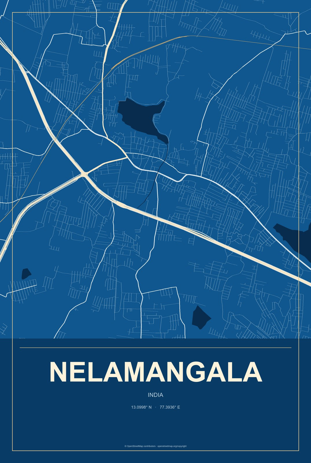 Nelamangala, India City Map Aluminum Sign in Harbor Cobalt style