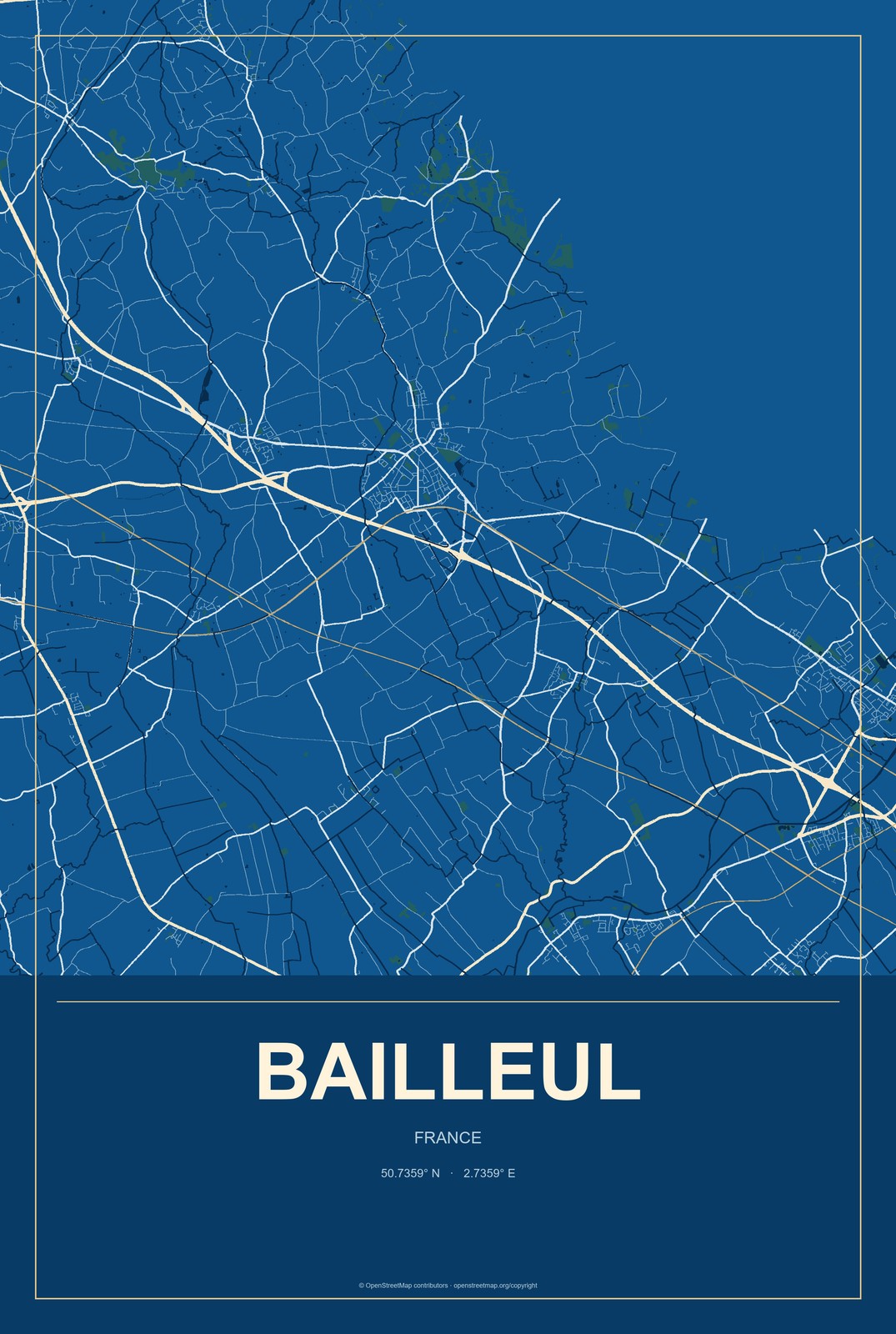 Bailleul, France City Map Aluminum Sign in Harbor Cobalt style