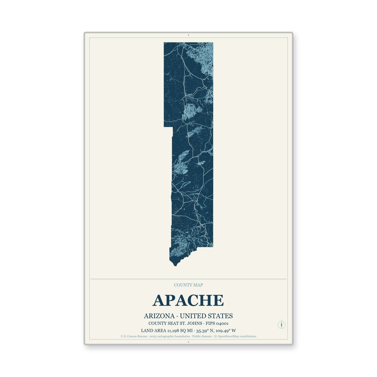 Apache County, Arizona Map Aluminum Sign in Coastal Cutout style