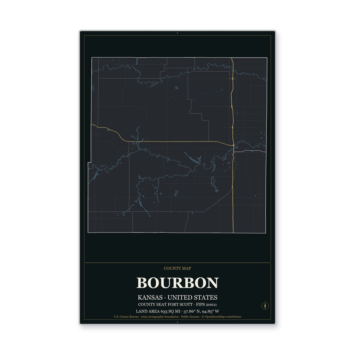 Bourbon County, Kansas Map Aluminum Sign in Metropolitan Noir style