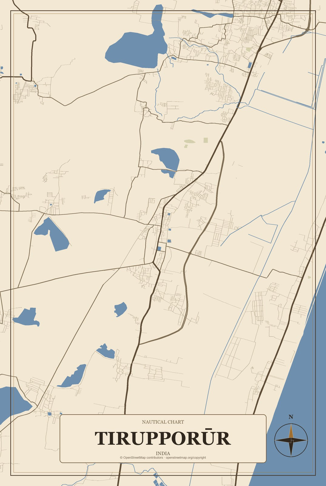 Tirupporūr, India City Map Aluminum Sign in Heritage Nautical style