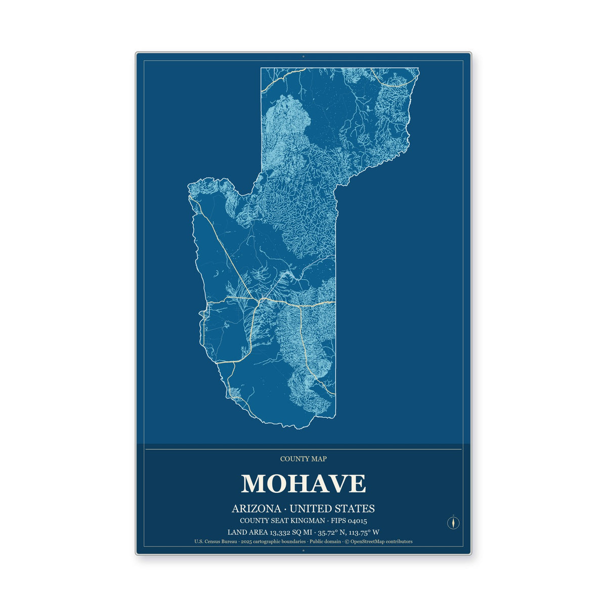 Mohave County, Arizona Map Aluminum Sign in Harbor Cobalt style