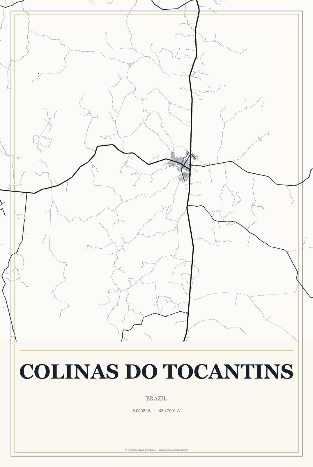 Colinas do Tocantins, Brazil City Map Aluminum Sign in Citrine Modern style
