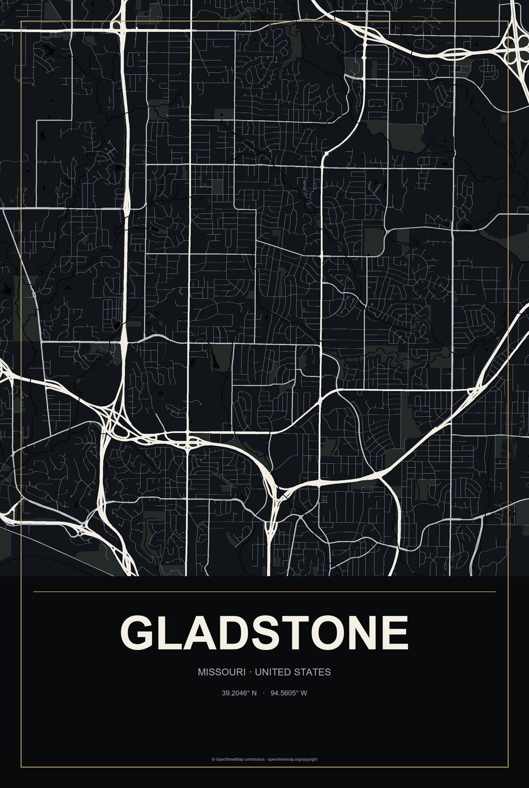 Gladstone, Missouri City Map Aluminum Sign in Metropolitan Noir style