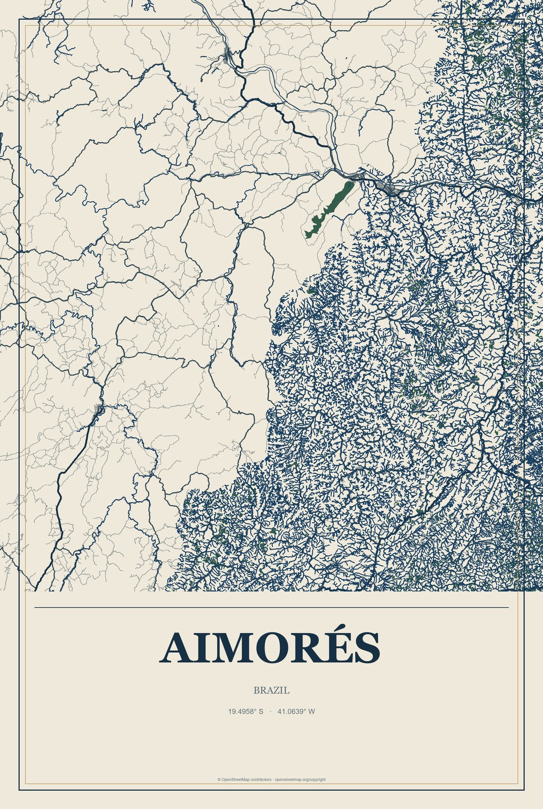 Aimorés, Brazil City Map Aluminum Sign in Coastal Cutout style