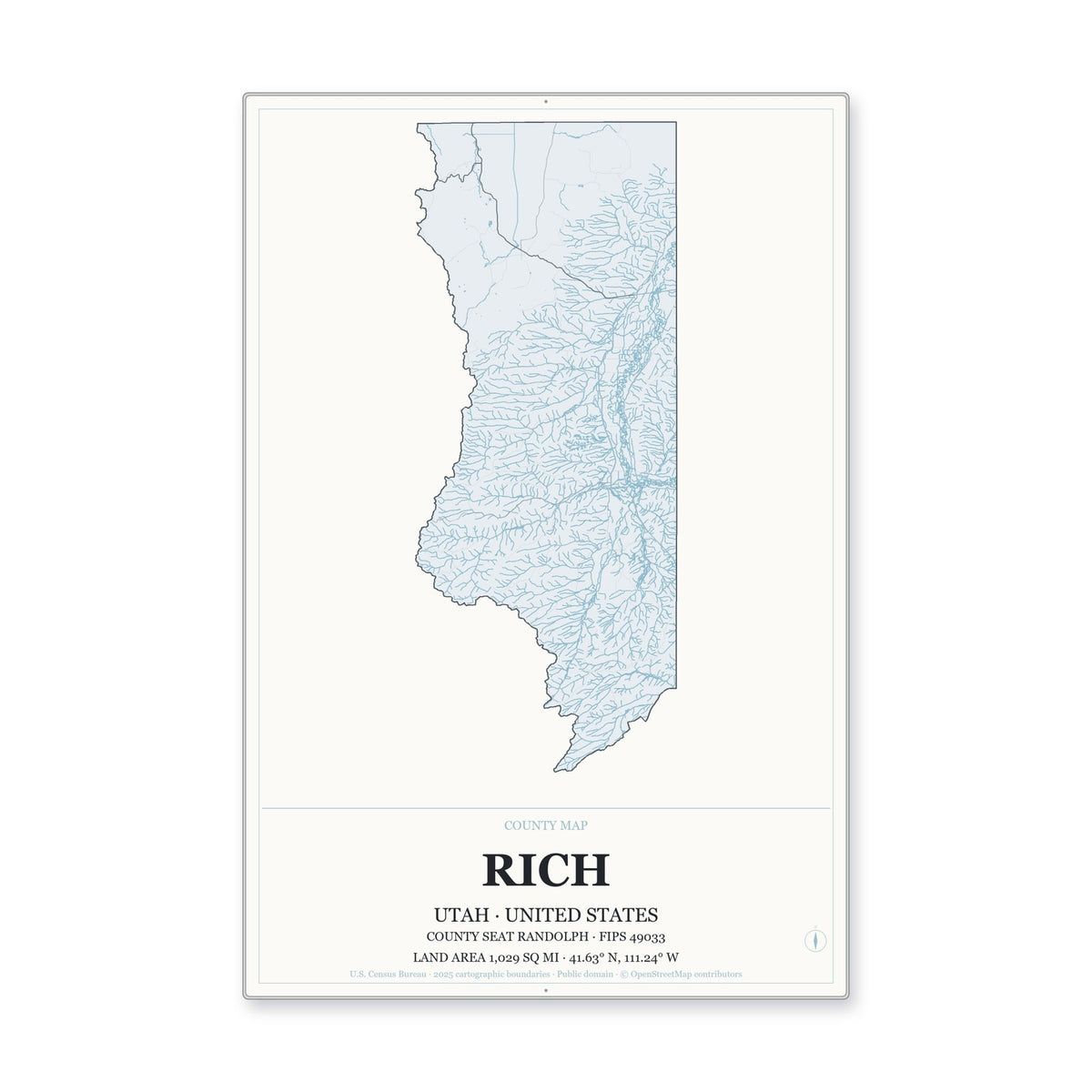 Rich County, Utah Map Aluminum Sign in Gallery Air style