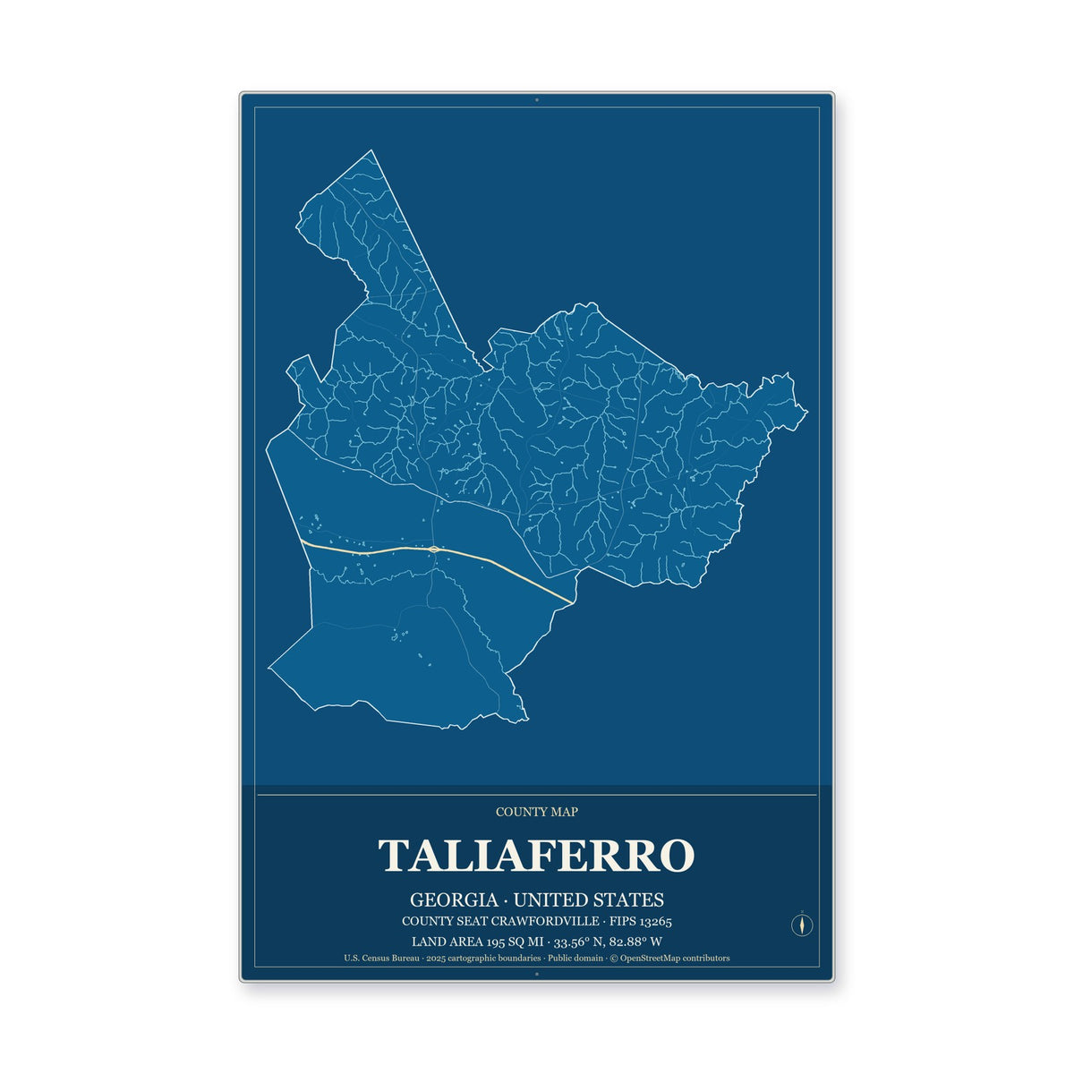 Taliaferro County, Georgia Map Aluminum Sign in Harbor Cobalt style
