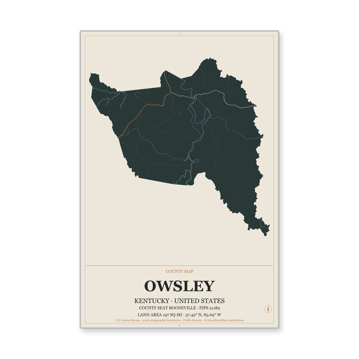Owsley County, Kentucky Map Aluminum Sign in Headline Atlas style