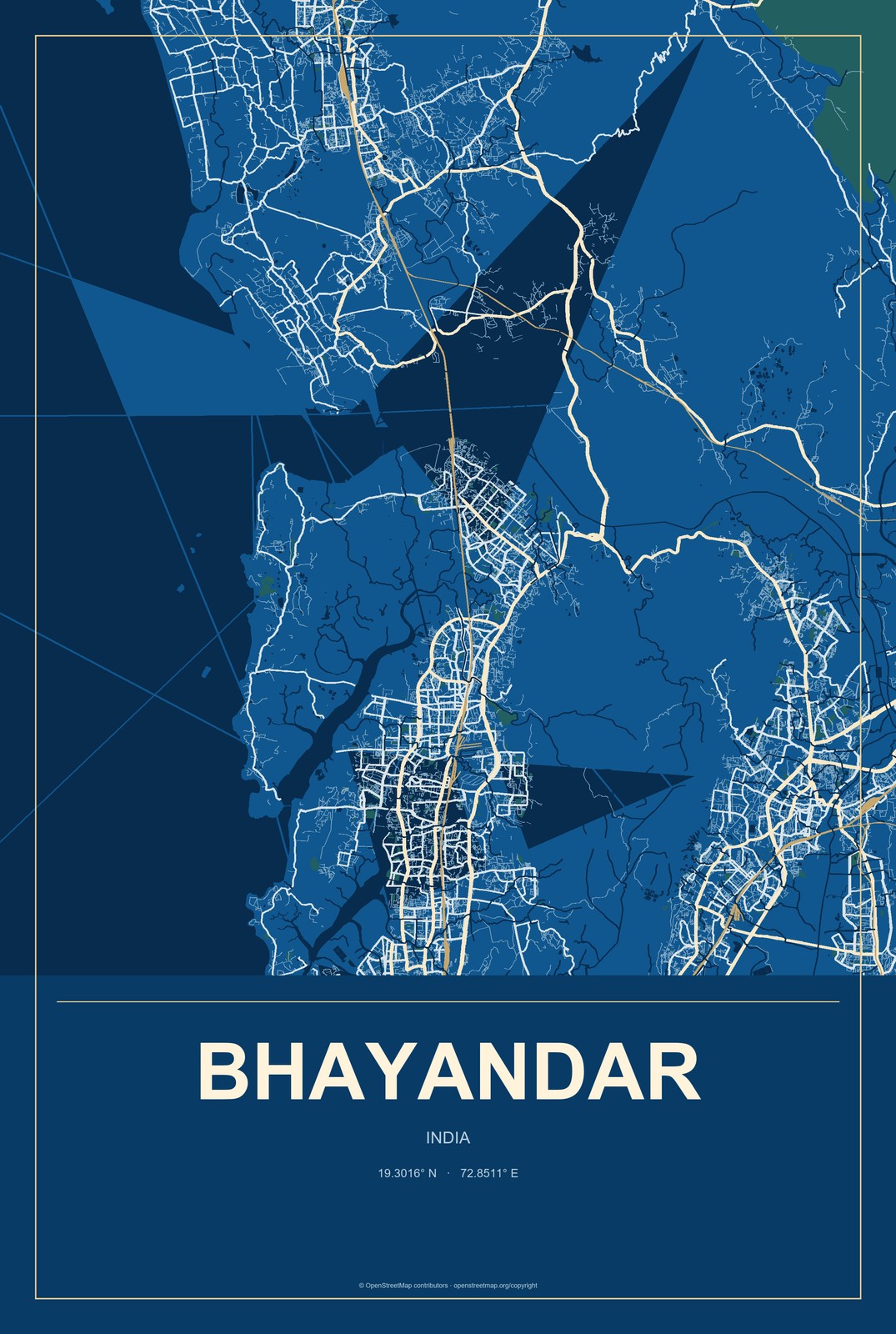 Bhayandar, India City Map Aluminum Sign in Harbor Cobalt style