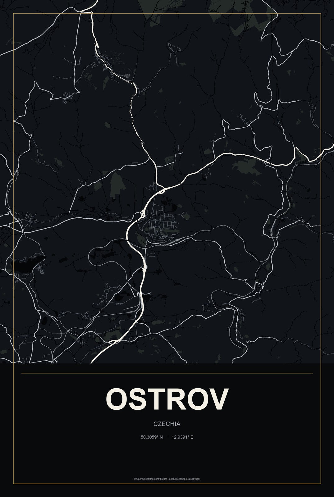 Ostrov, Czechia City Map Aluminum Sign in Metropolitan Noir style