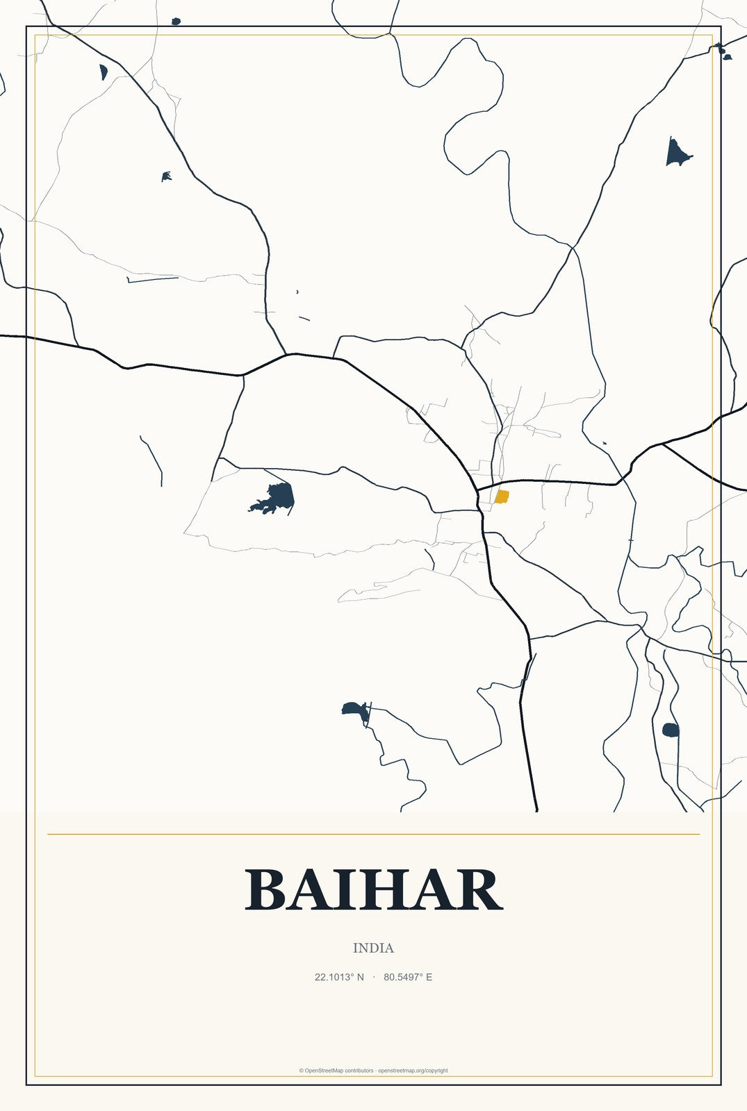 Baihar, India City Map Aluminum Sign in Citrine Modern style