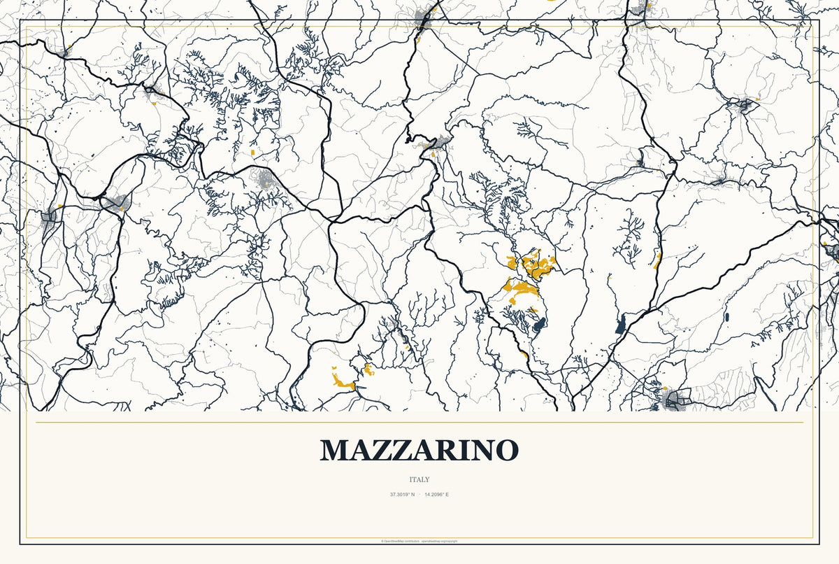 Mazzarino, Italy City Map Aluminum Sign in Citrine Modern style