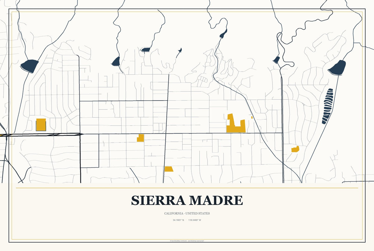 Sierra Madre, California City Map Aluminum Sign in Citrine Modern style