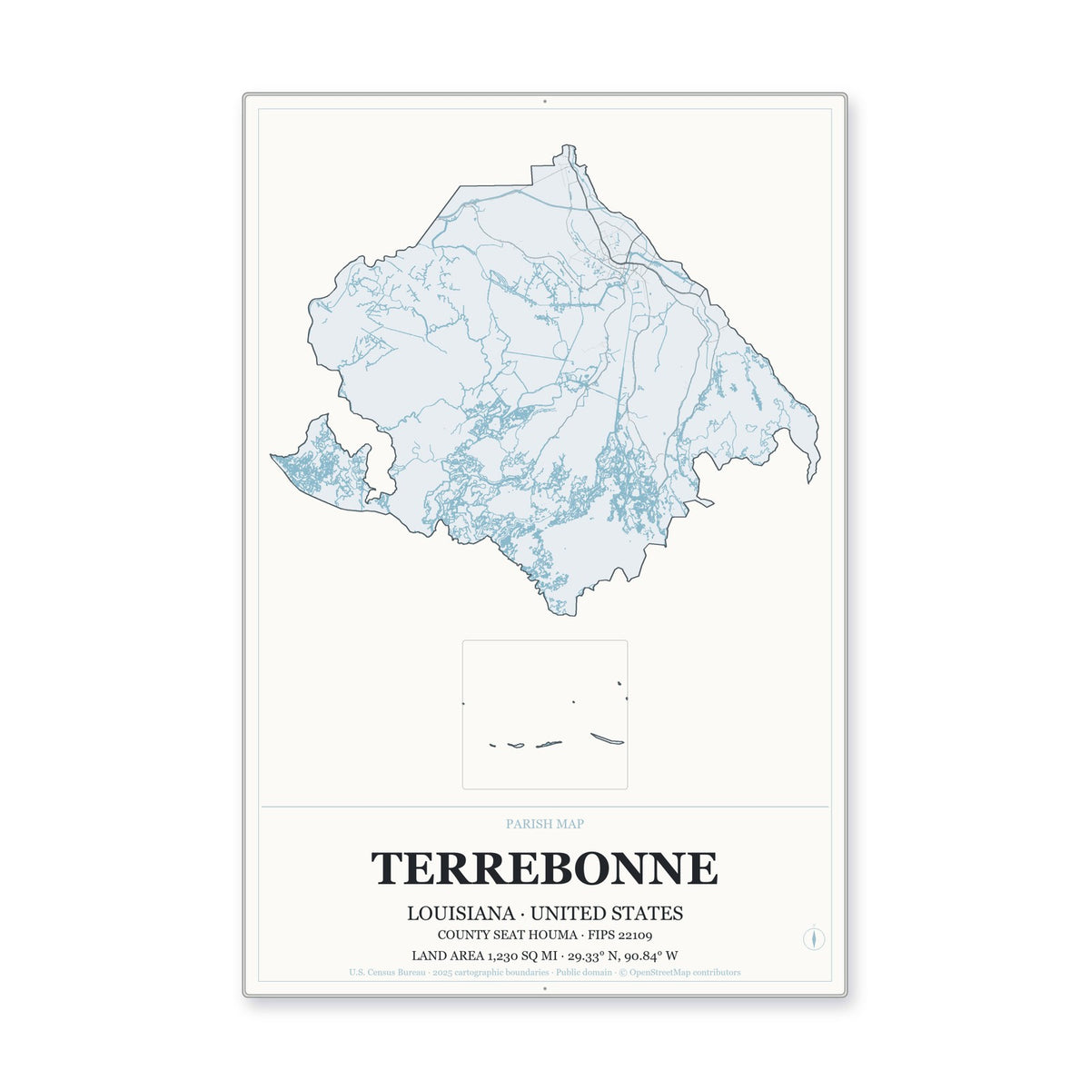 Terrebonne Parish, Louisiana Map Aluminum Sign in Gallery Air style