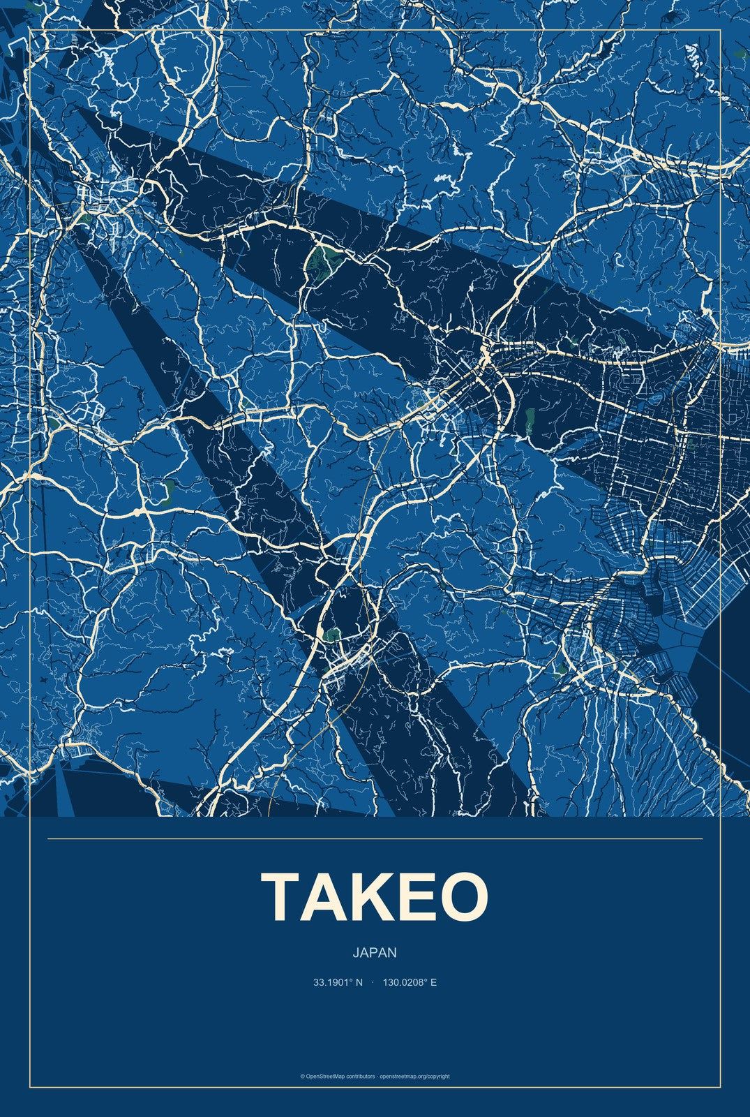 Takeo, Japan City Map Aluminum Sign in Harbor Cobalt style