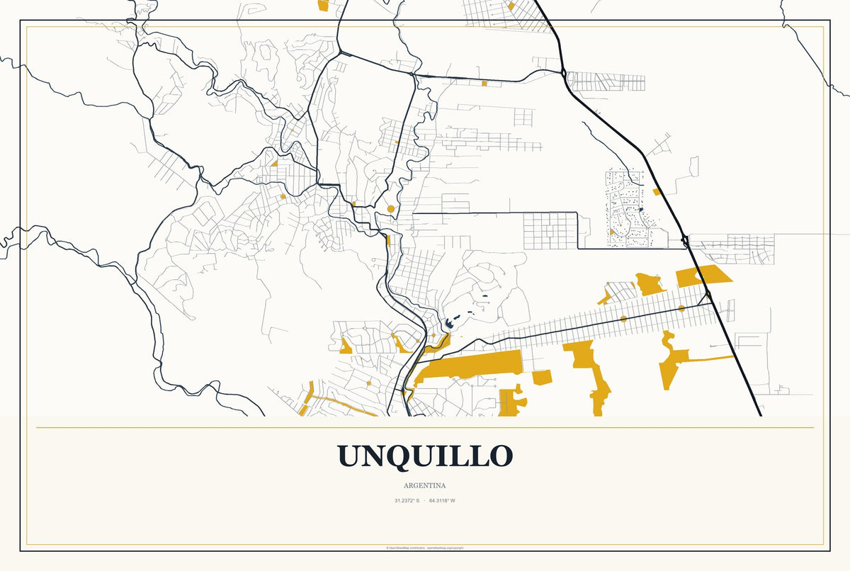 Unquillo, Argentina City Map Aluminum Sign in Citrine Modern style