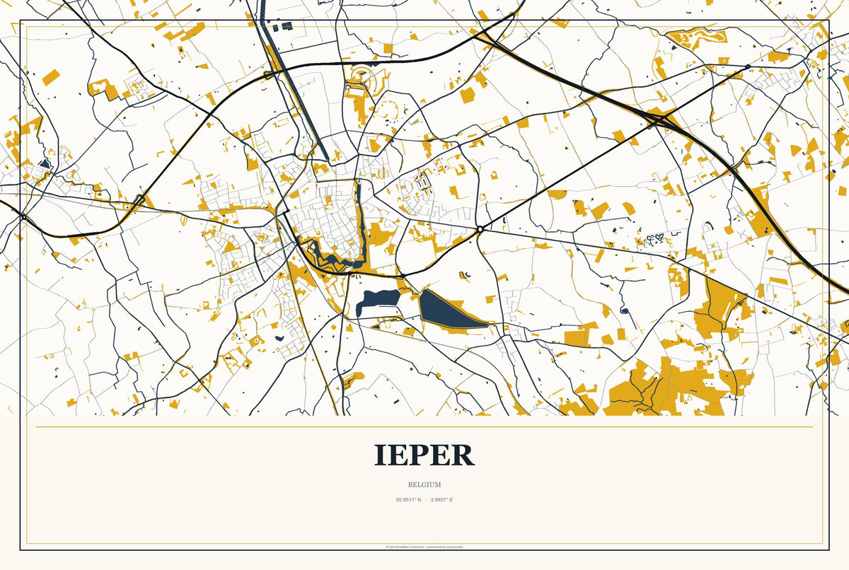 Ieper, Belgium City Map Aluminum Sign in Citrine Modern style