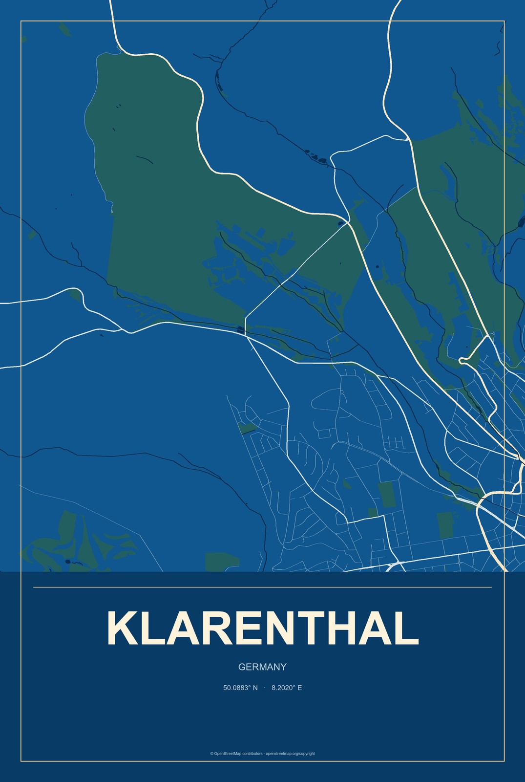 Klarenthal, Germany City Map Aluminum Sign in Harbor Cobalt style