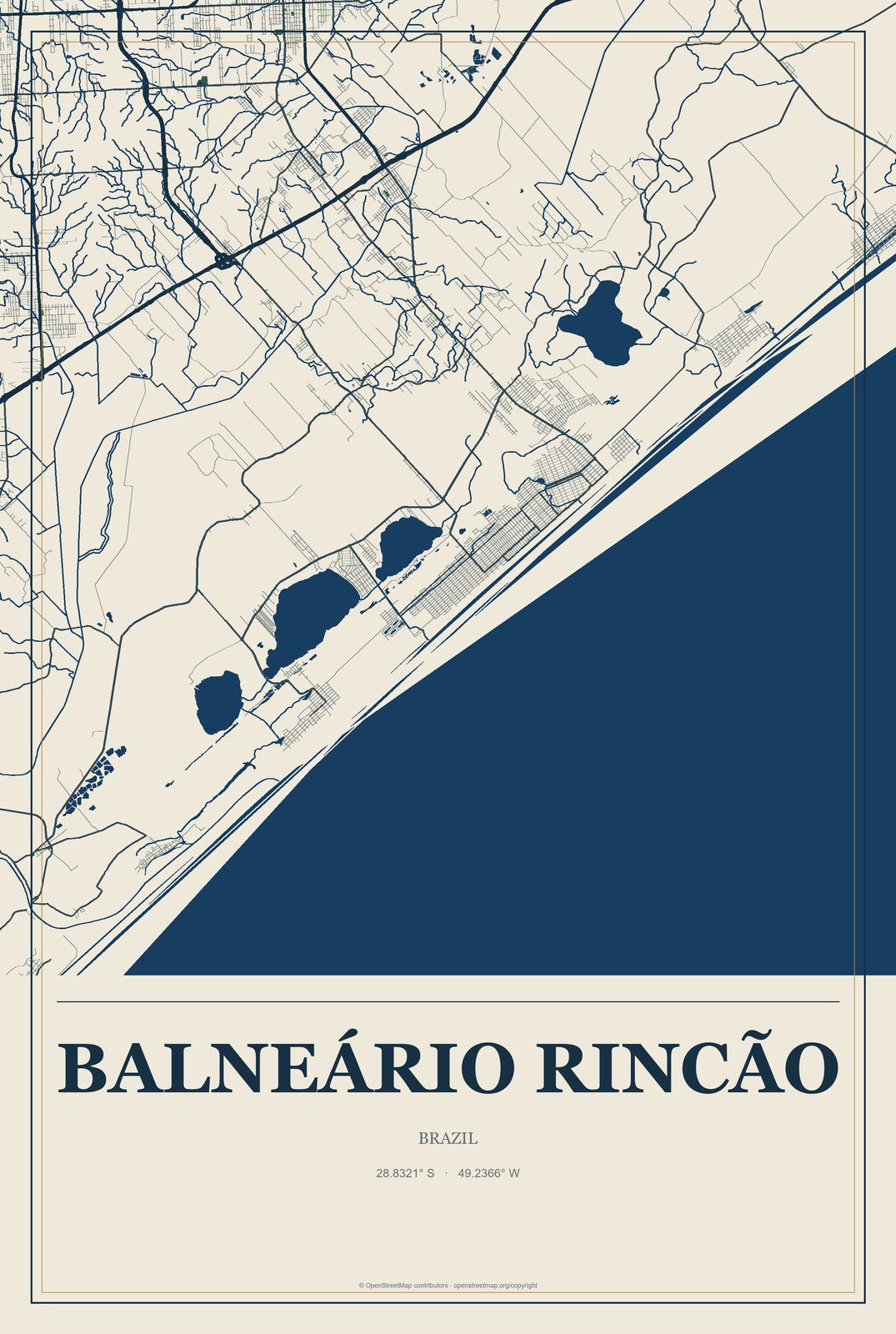 Balneário Rincão, Brazil City Map Aluminum Sign in Coastal Cutout style