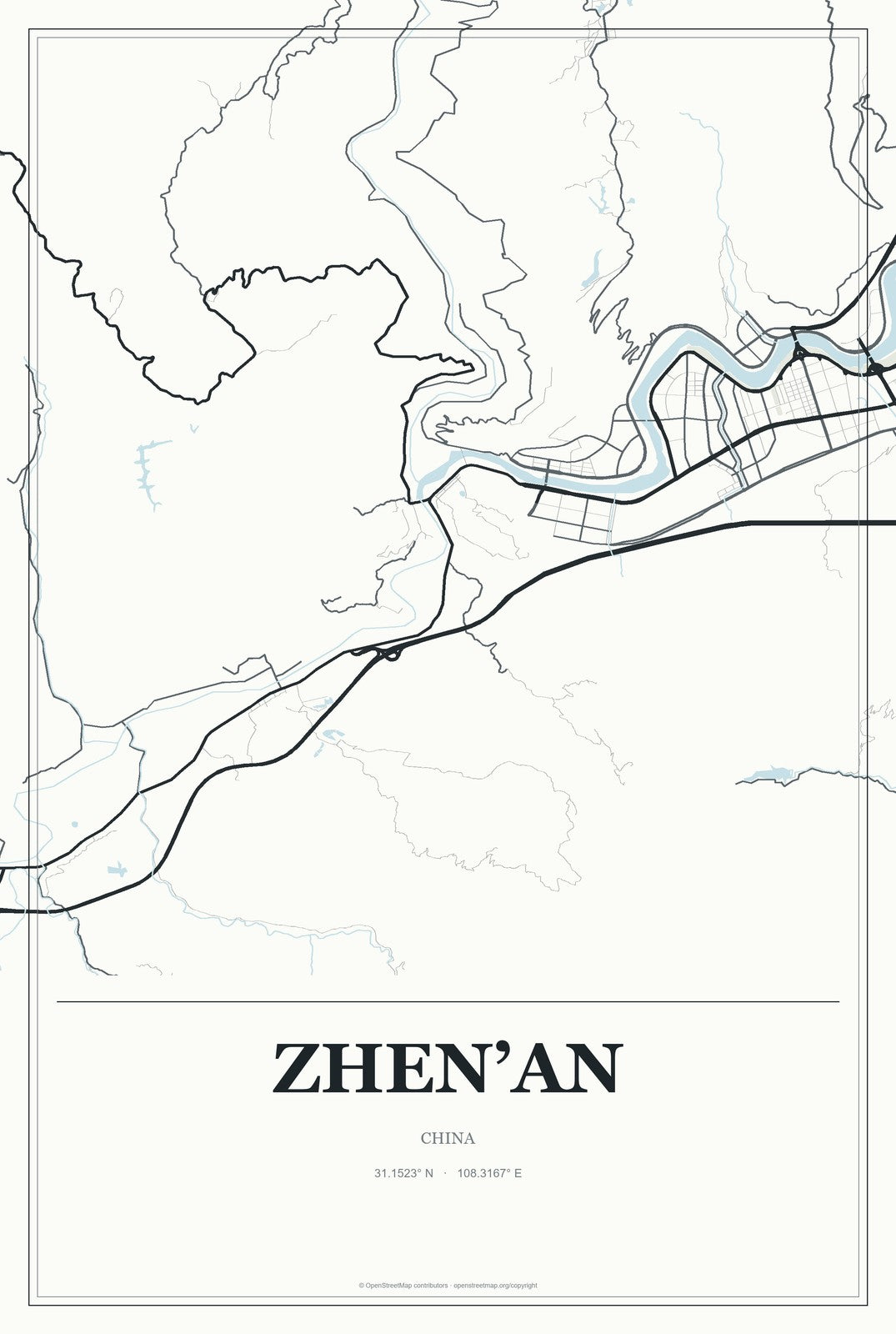 Zhen’an, China City Map Aluminum Sign in Gallery Air style