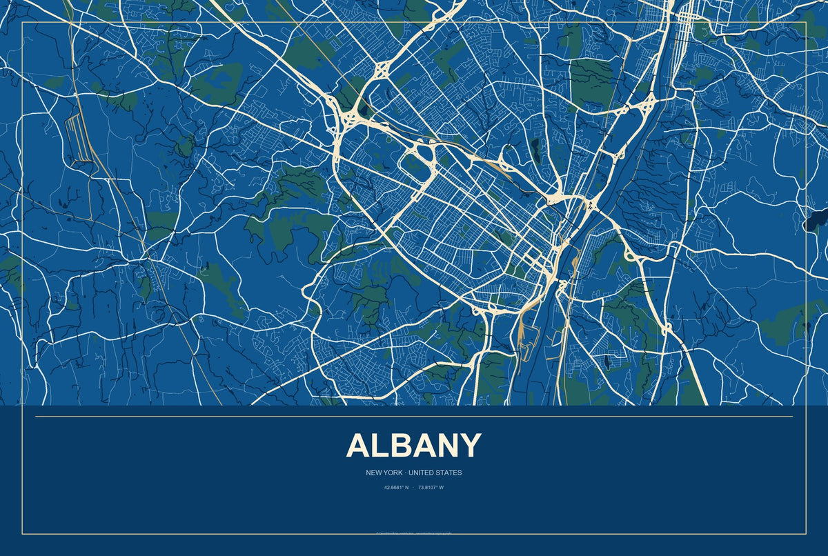 Albany, New York City Map Aluminum Sign in Harbor Cobalt style