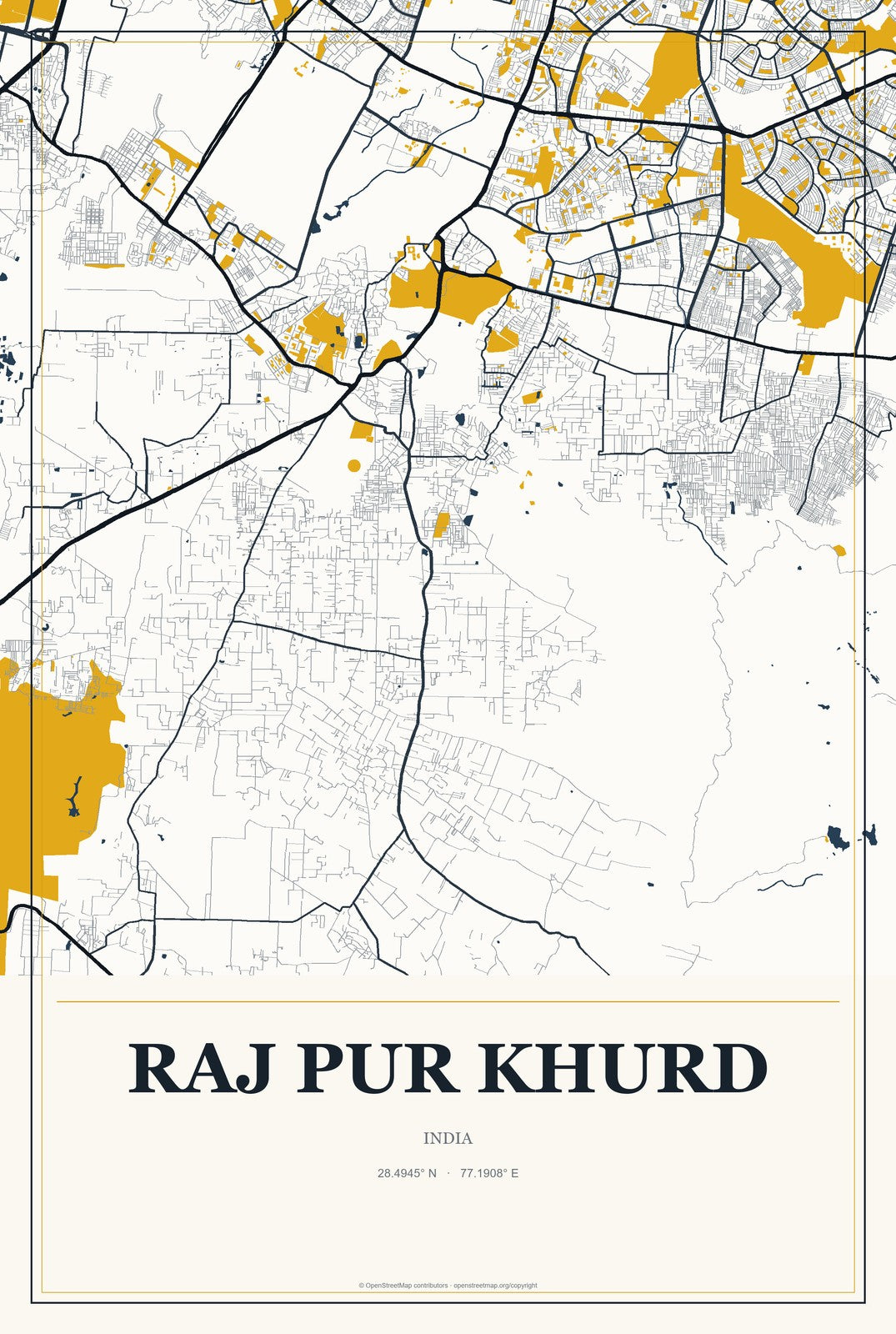 Raj Pur Khurd, India City Map Aluminum Sign in Citrine Modern style