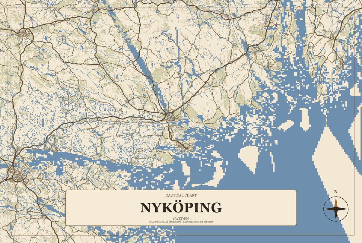 Nyköping, Sweden City Map Aluminum Sign in Heritage Nautical style