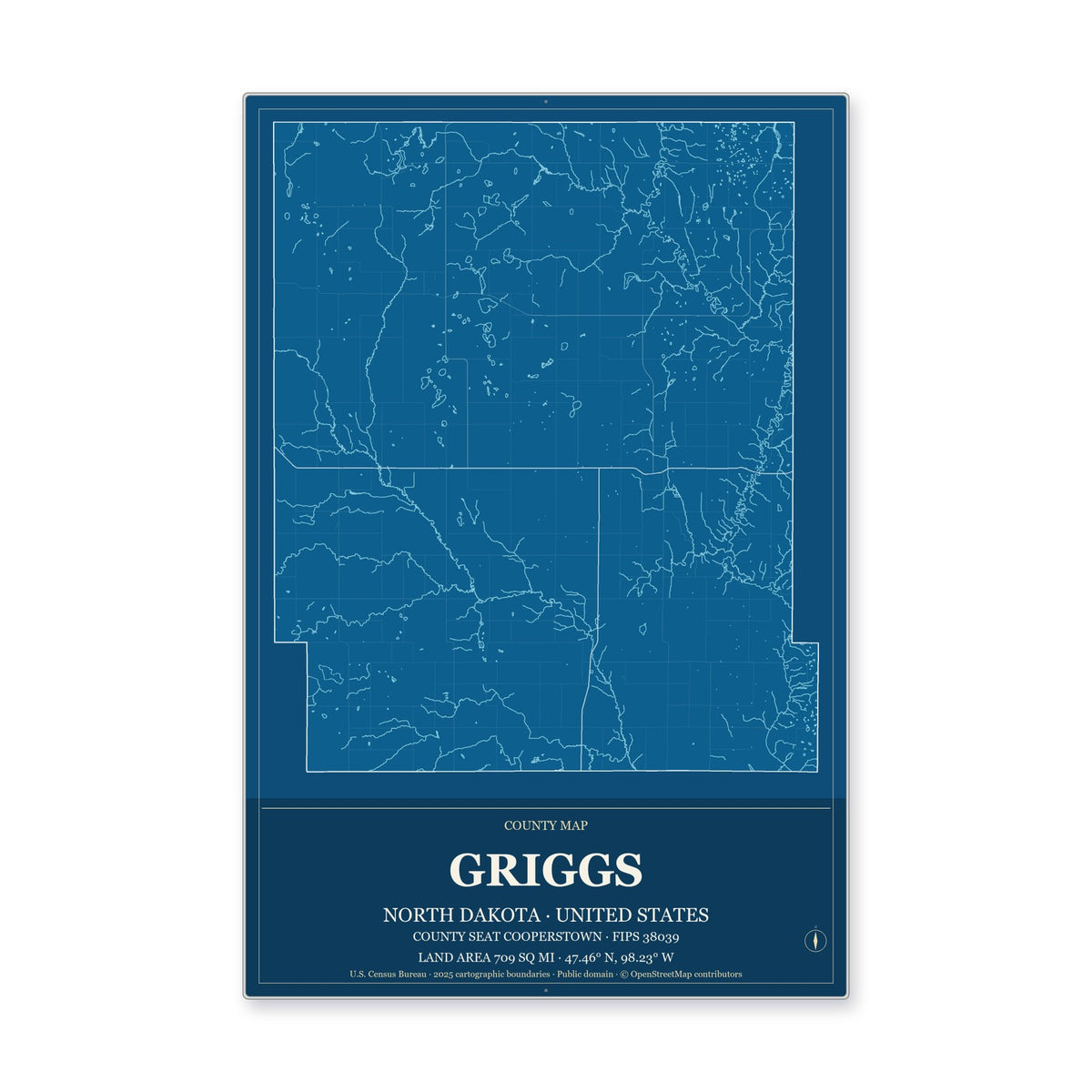 Griggs County, North Dakota Map Aluminum Sign in Harbor Cobalt style