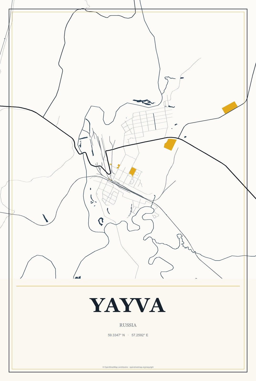 Yayva, Russia City Map Aluminum Sign in Citrine Modern style