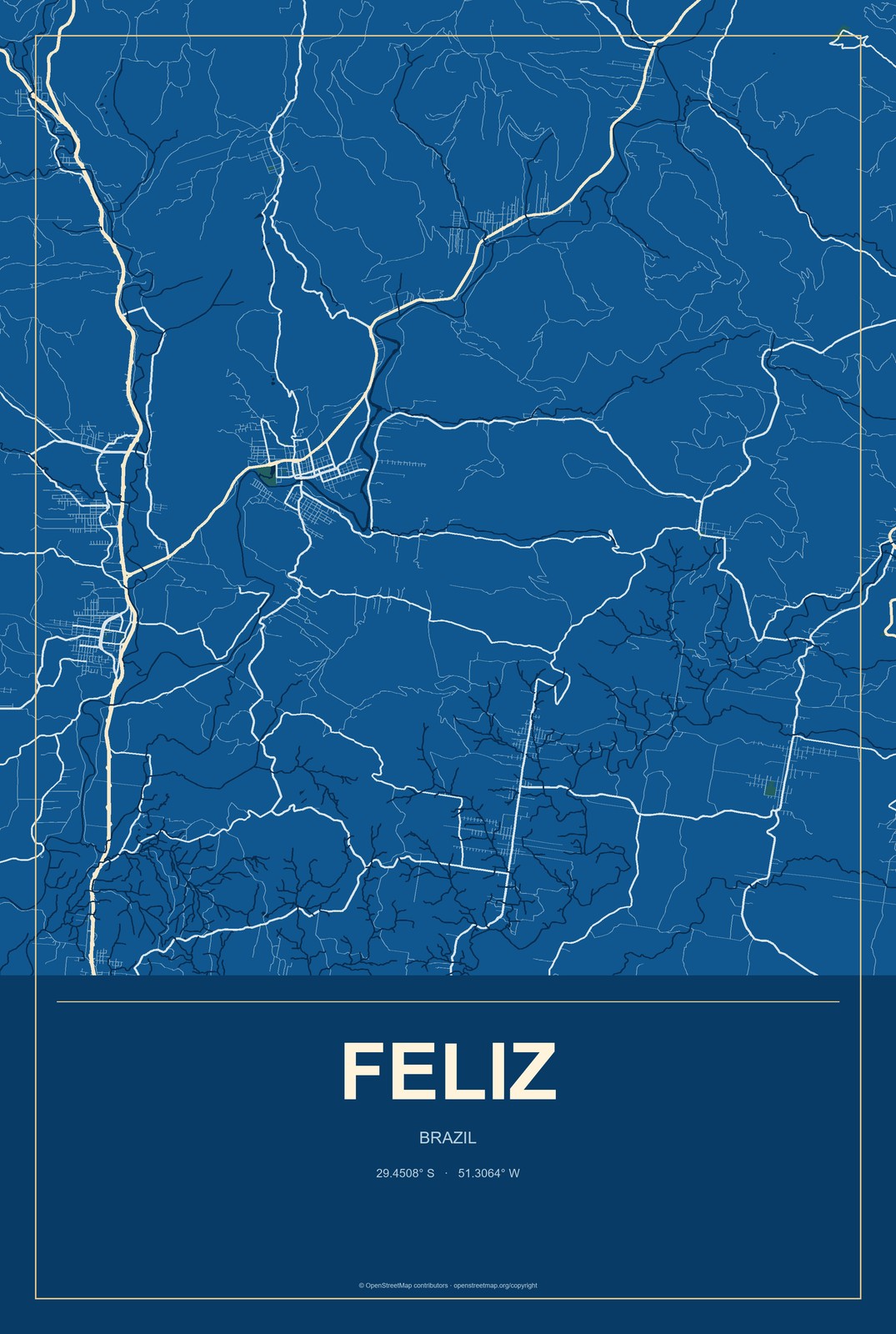 Feliz, Brazil City Map Aluminum Sign in Harbor Cobalt style