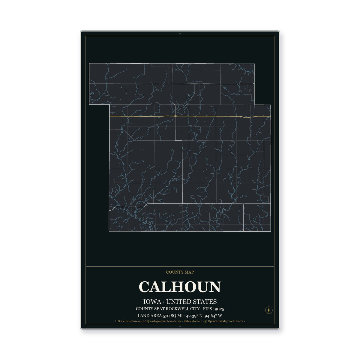 Calhoun County, Iowa Map Aluminum Sign in Metropolitan Noir style