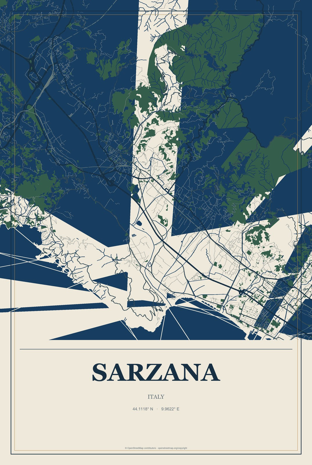 Sarzana, Italy City Map Aluminum Sign in Coastal Cutout style