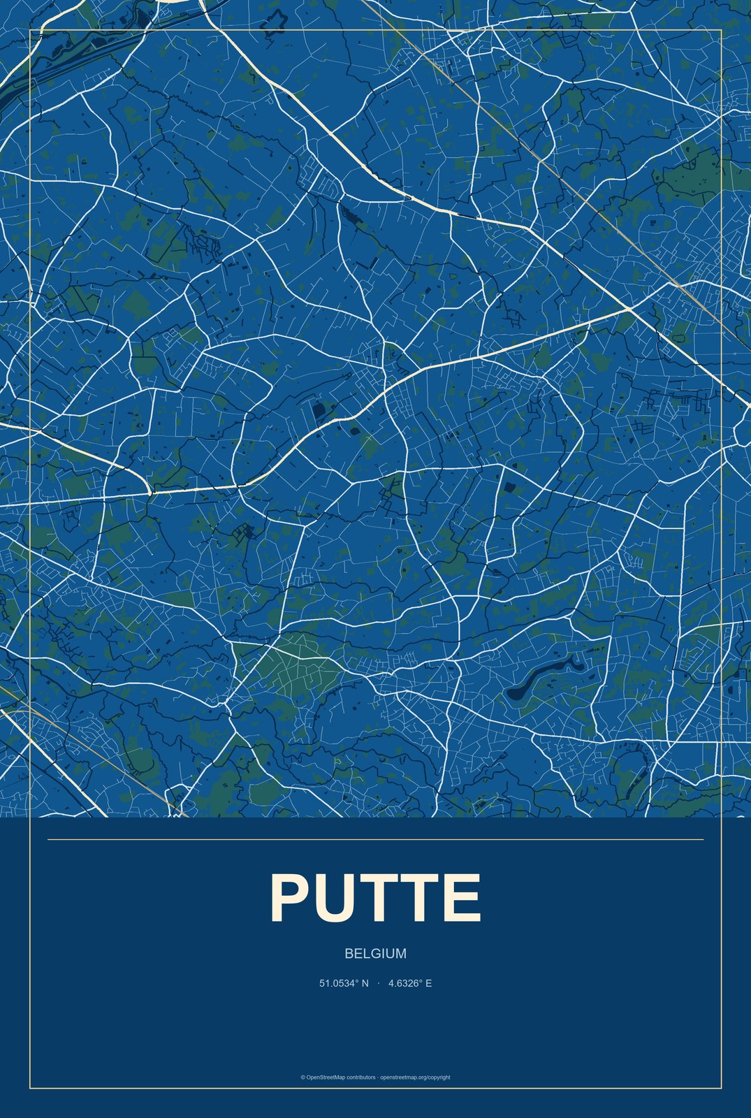 Putte, Belgium City Map Aluminum Sign in Harbor Cobalt style