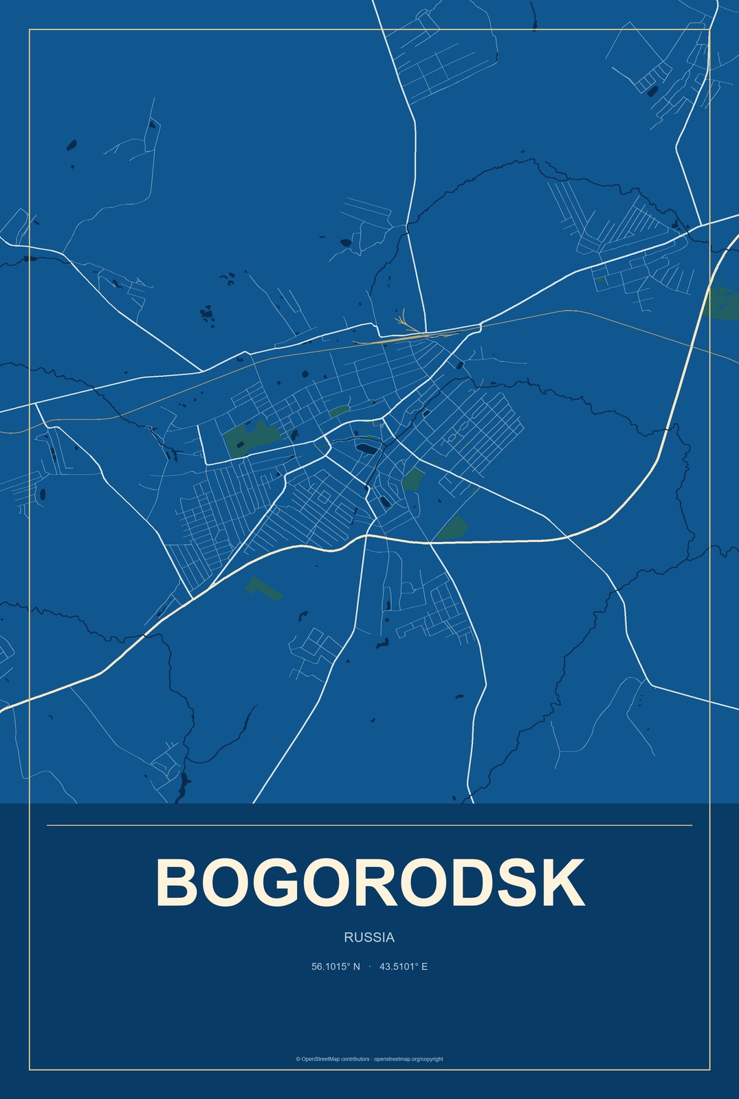 Bogorodsk, Russia City Map Aluminum Sign in Harbor Cobalt style
