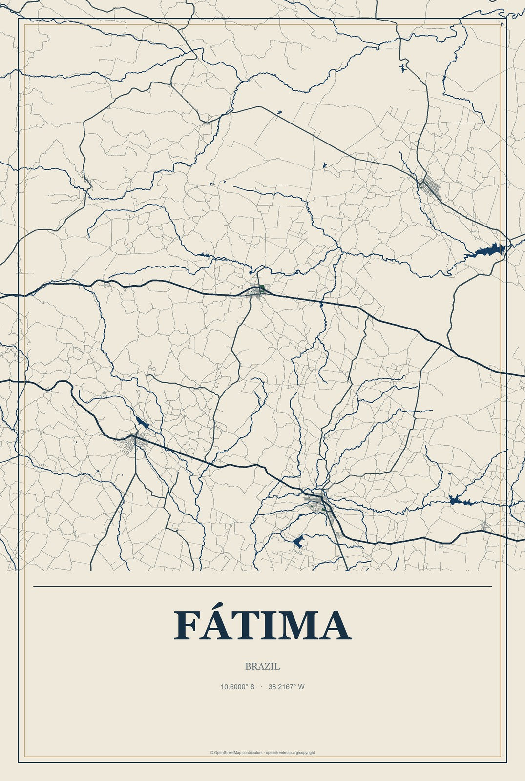 Fátima, Brazil City Map Aluminum Sign in Coastal Cutout style