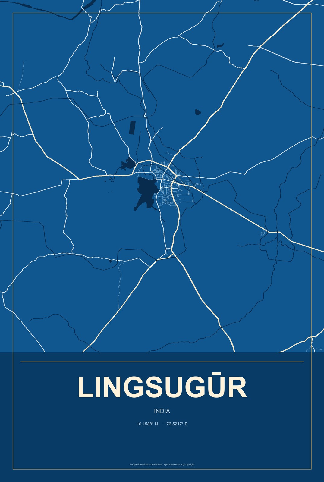 Lingsugūr, India City Map Aluminum Sign in Harbor Cobalt style