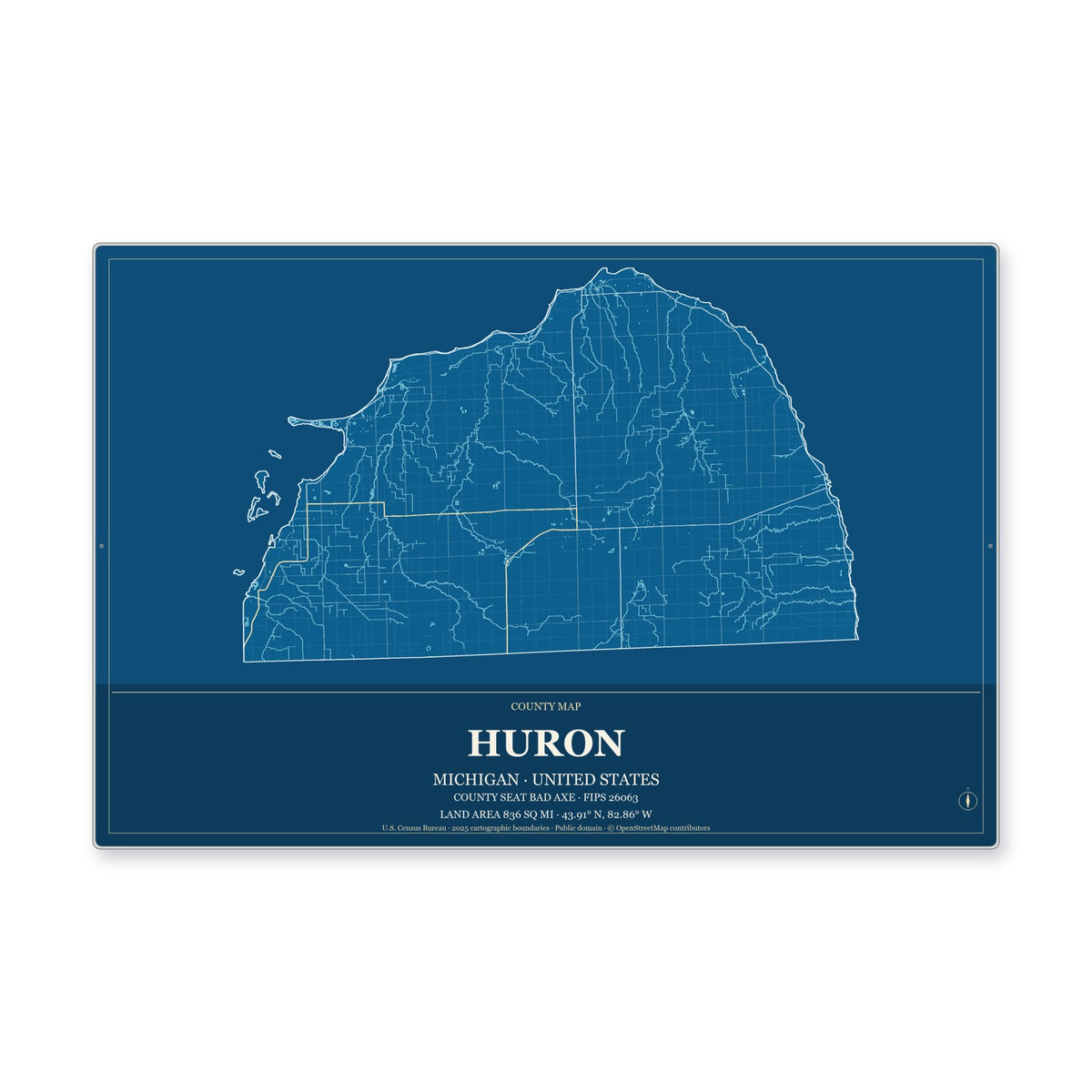 Huron County, Michigan Map Aluminum Sign in Harbor Cobalt style