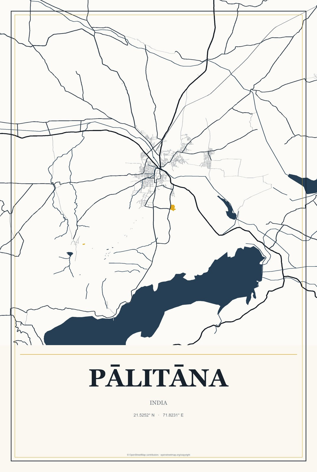 Pālitāna, India City Map Aluminum Sign in Citrine Modern style