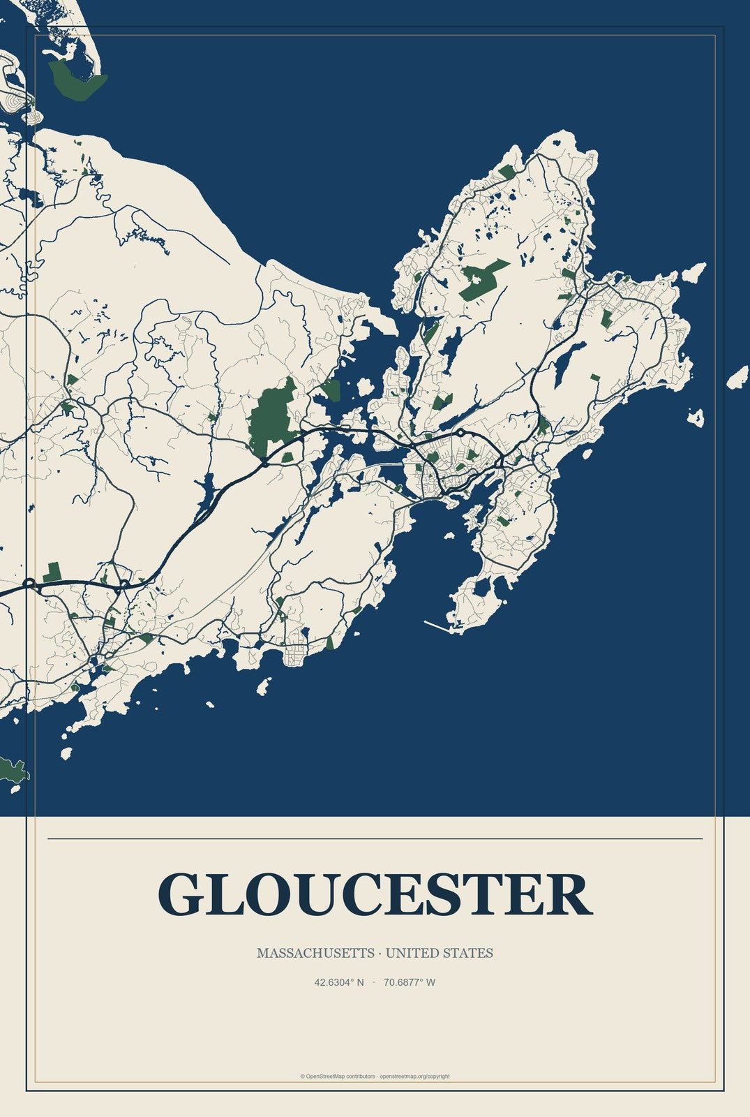 Gloucester, Massachusetts City Map Aluminum Sign in Coastal Cutout style
