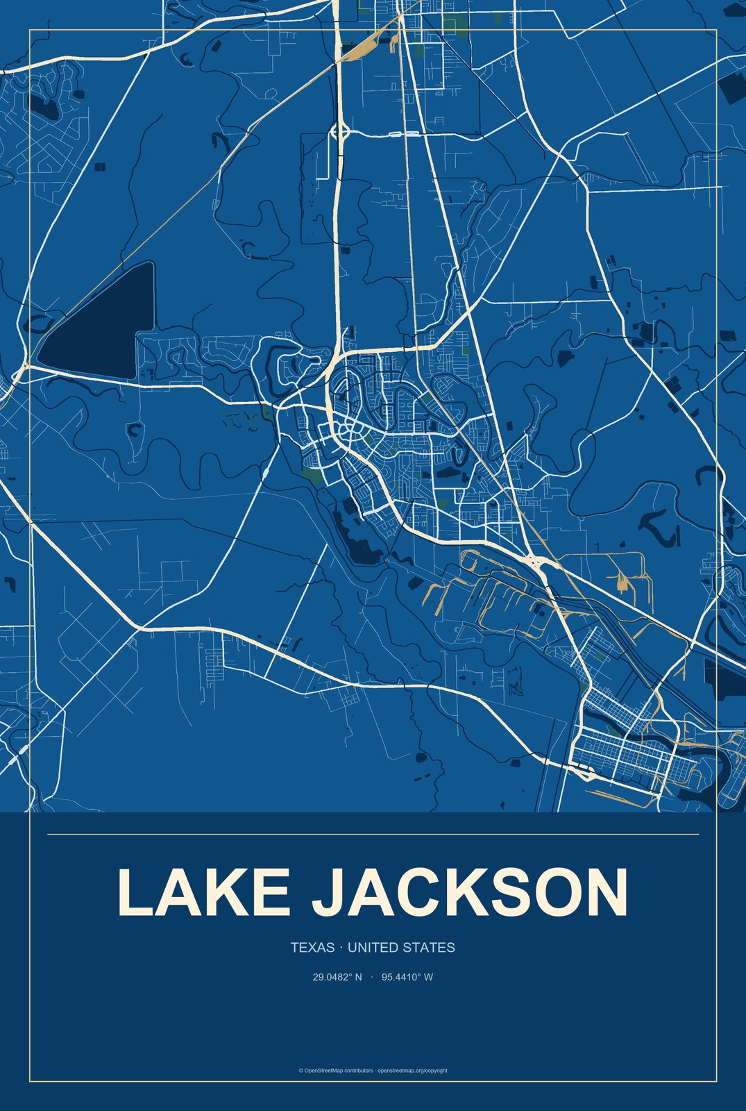 Lake Jackson, Texas City Map Aluminum Sign in Harbor Cobalt style