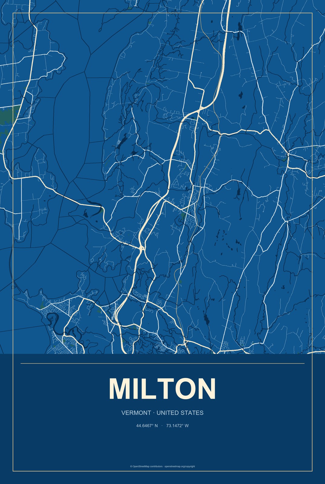 Milton, Vermont City Map Aluminum Sign in Harbor Cobalt style