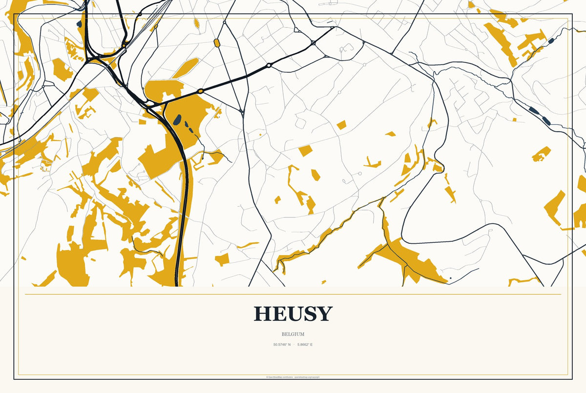 Heusy, Belgium City Map Aluminum Sign in Citrine Modern style