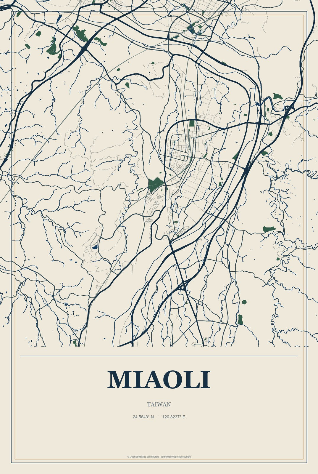 Miaoli, Taiwan City Map Aluminum Sign in Coastal Cutout style