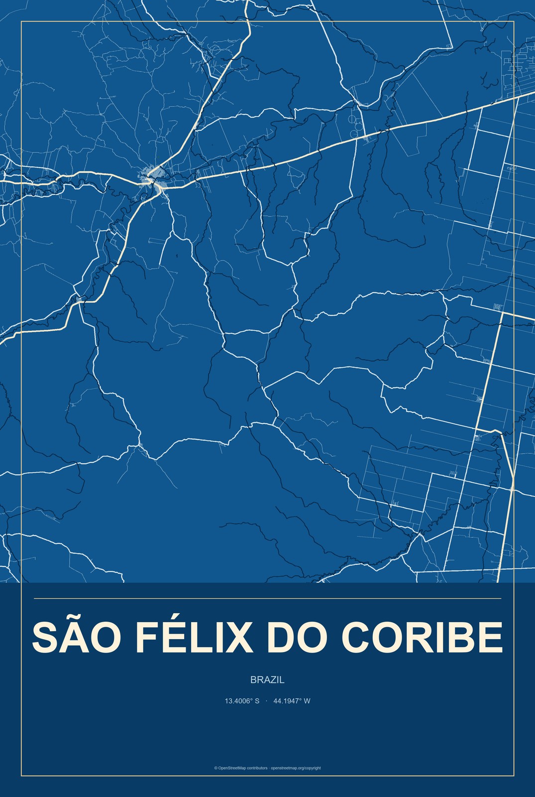 São Félix do Coribe, Brazil City Map Aluminum Sign in Harbor Cobalt style