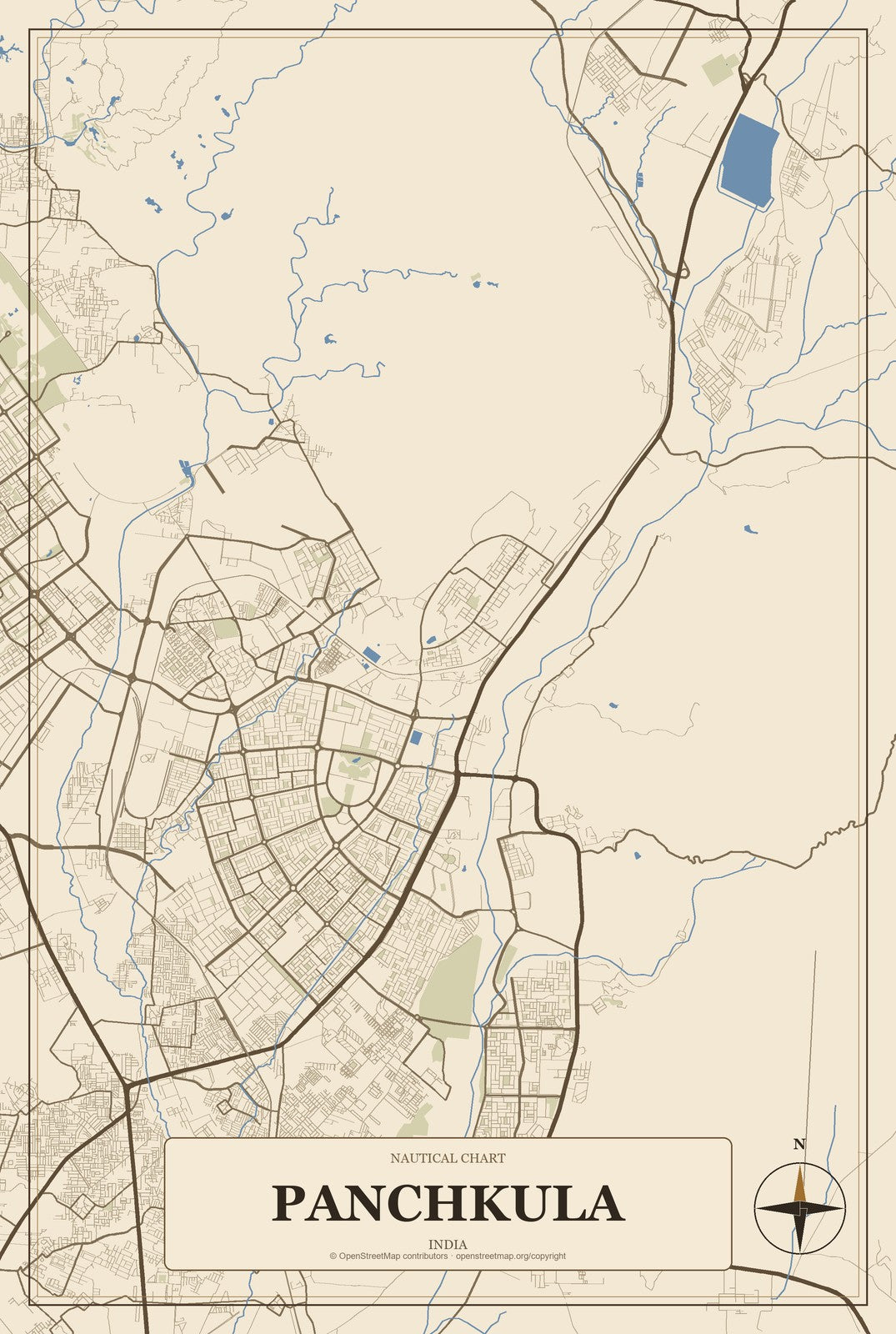 Panchkula, India City Map Aluminum Sign in Heritage Nautical style