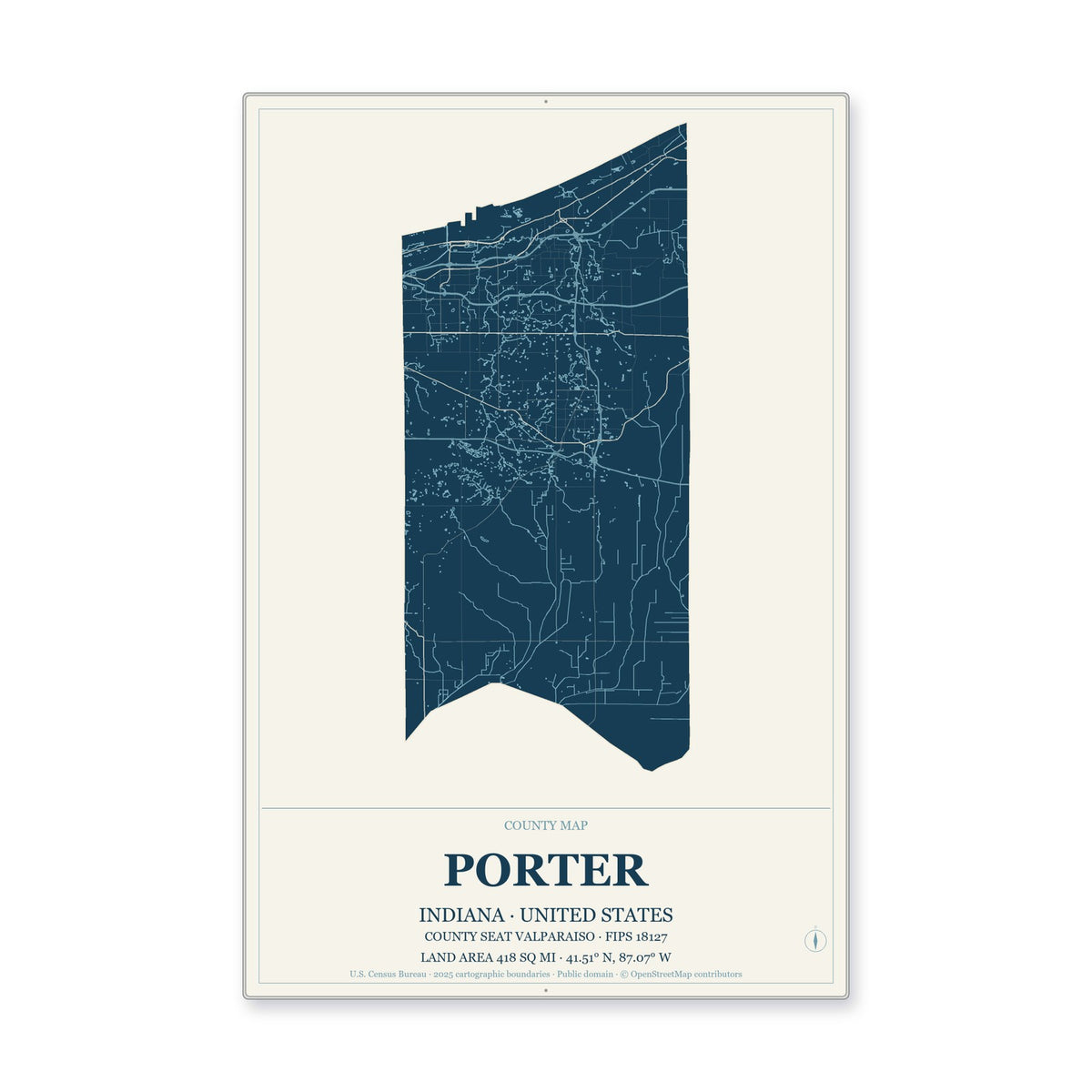 Porter County, Indiana Map Aluminum Sign in Coastal Cutout style