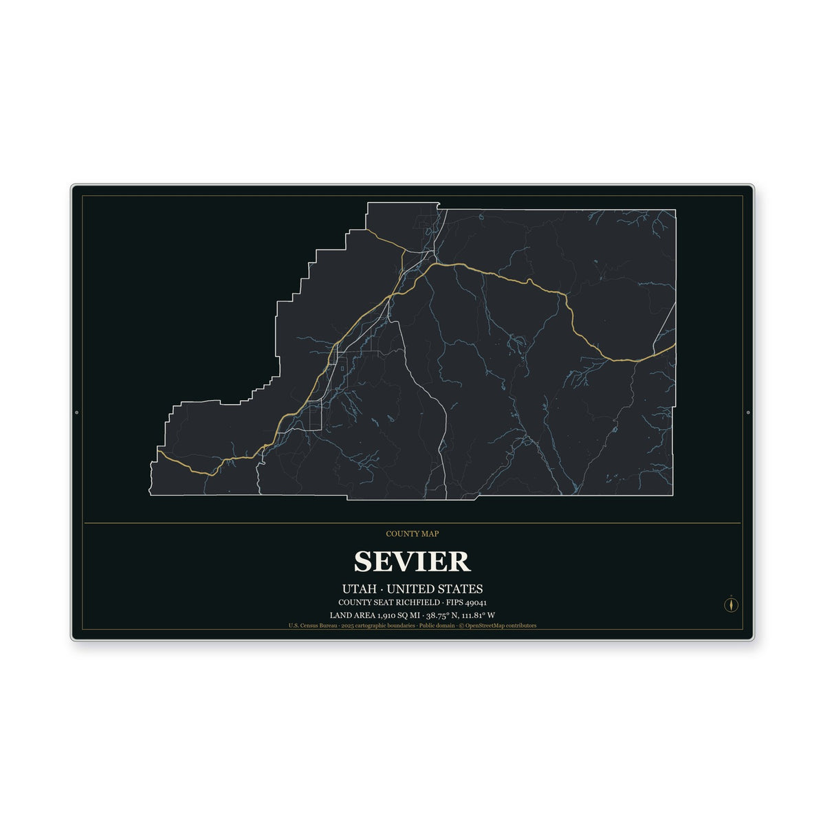 Sevier County, Utah Map Aluminum Sign in Metropolitan Noir style