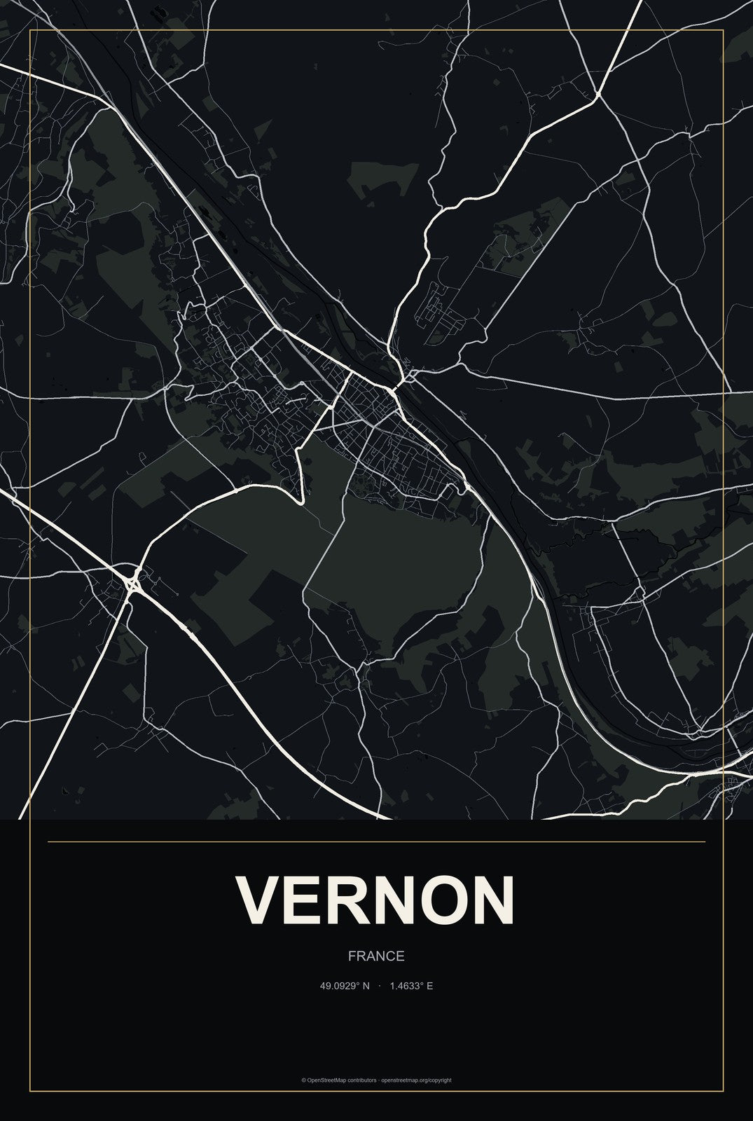Vernon, France City Map Aluminum Sign in Metropolitan Noir style