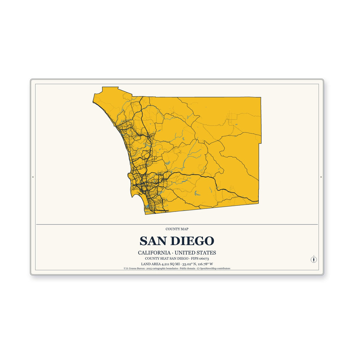 San Diego County, California Map Aluminum Sign in Citrine Modern style
