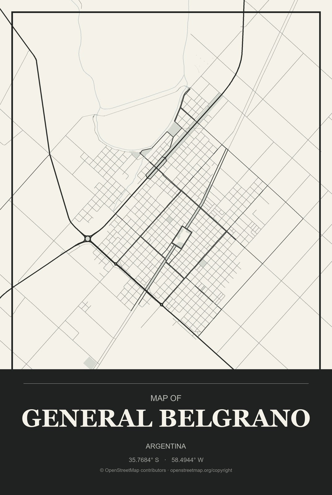 General Belgrano, Argentina City Map Aluminum Sign in Museum Plaque style